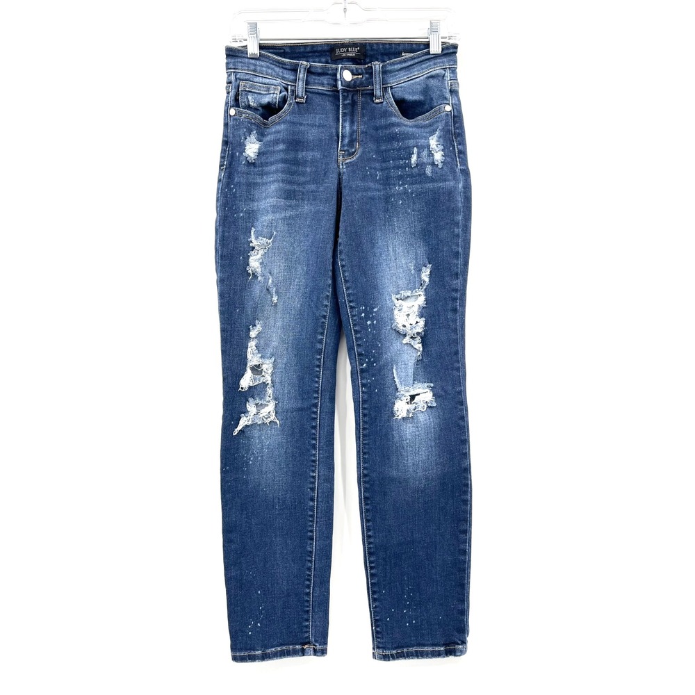 JUDY BLUE Women's 3/26 Boyfriend Fit Dark Wash Distressed Slim-Fit Denim Jeans